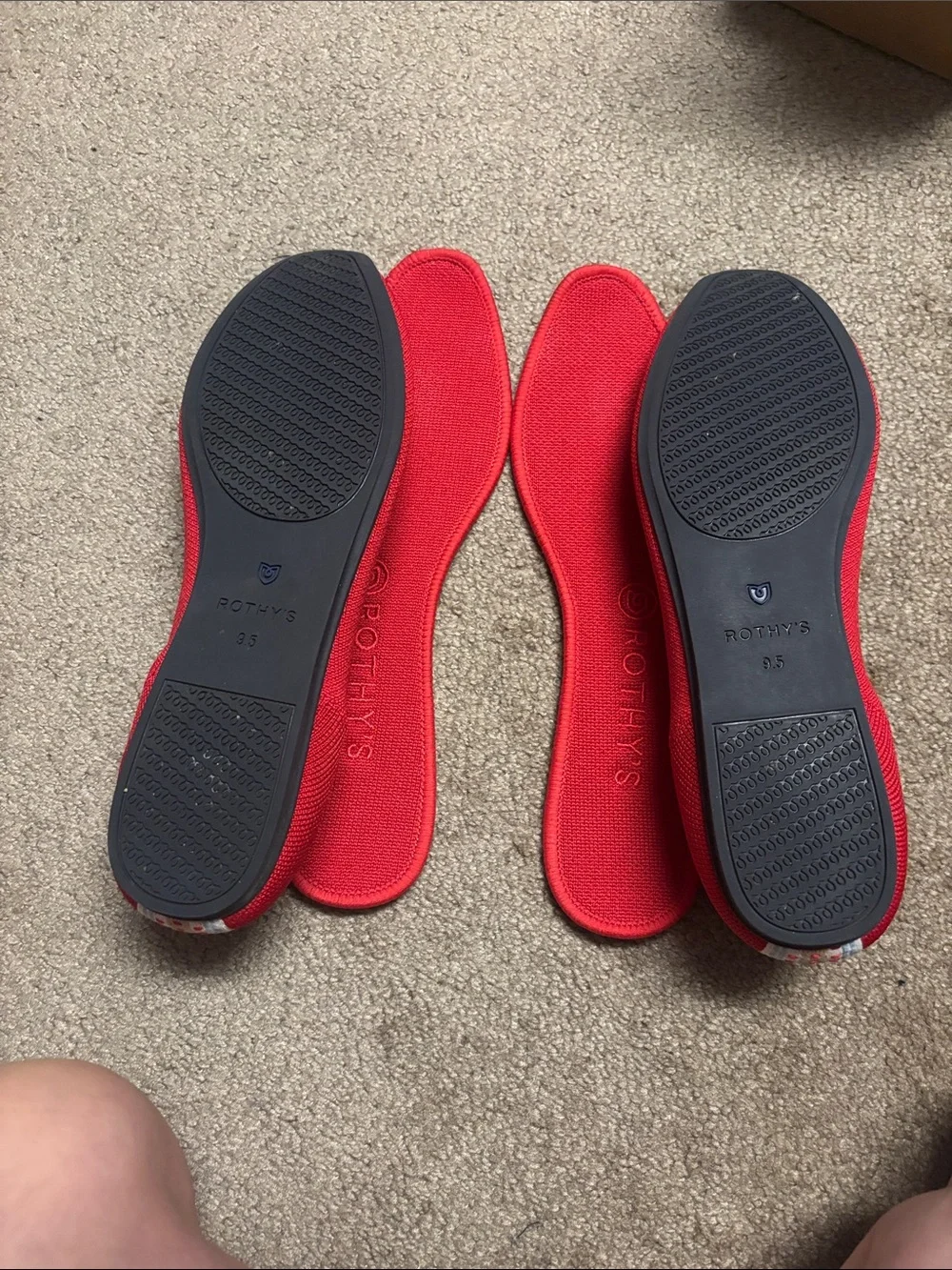 Rothy's Red Knit Ballet Flats with Multicolor Heel Stripe